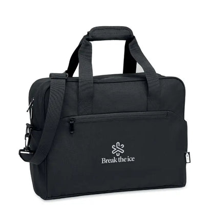 Black fabric geanta de calatorie de mana personalizata cu logo alb break the ice si emblema fulg de nea