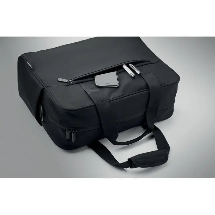 Geanta de calatorie de mana personalizata neagra din material textil cu multiple fermoare si manere rezistente