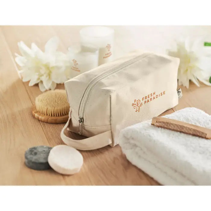 Geanta de cosmetice din pânză bej 220 gr/m² cu logo portocaliu fresh paradise și închidere cu fermoar
