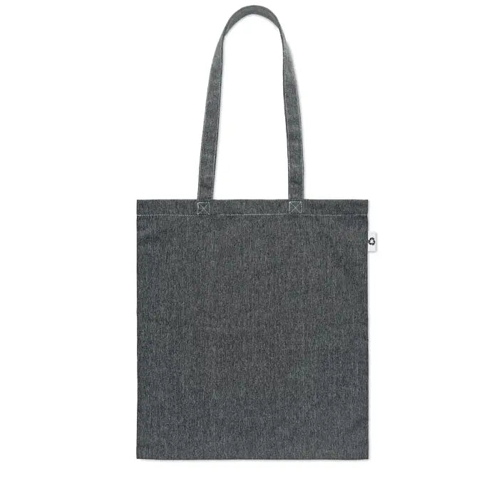Geanta de cumparaturi doua tonuri din denim gri inchis cu manere rezistente si eticheta alba mica pe partea laterala
