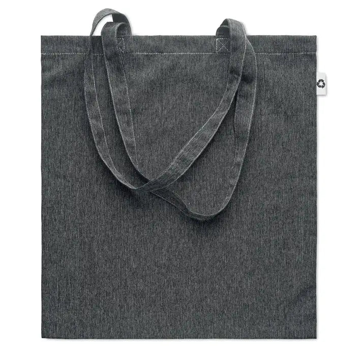 Geanta de cumparaturi 2 tonuri 140 gr din denim gri inchis cu manere rezistente si eticheta alba mica