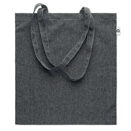 Geanta de cumparaturi 2 tonuri 140 gr din denim gri inchis cu manere rezistente si eticheta alba mica