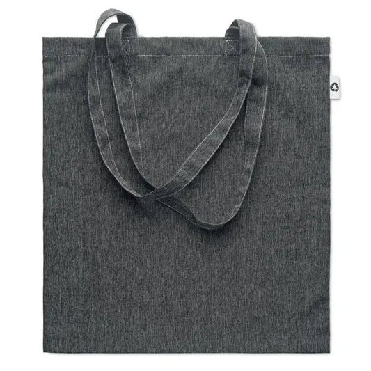 Geanta de cumparaturi 2 tonuri 140 gr din denim gri inchis cu manere rezistente si eticheta alba mica