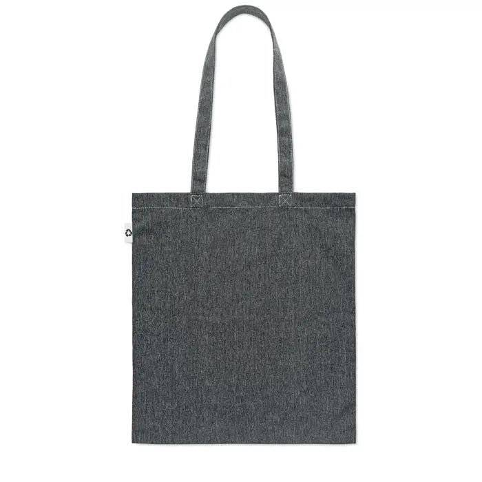 Geanta de cumparaturi din denim gri inchis cu doua nuante, manere rezistente si eticheta alba mica