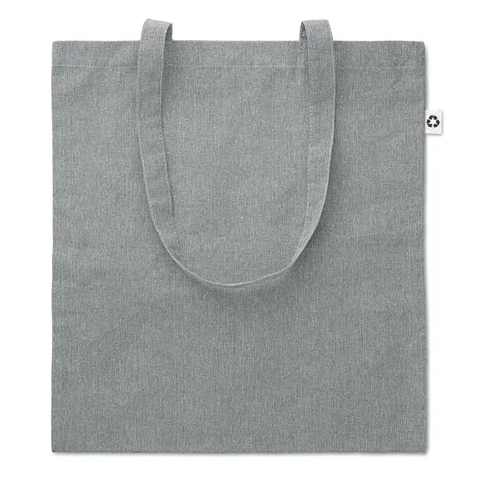 Geanta de cumparaturi 2 tonuri 140 gr un sac de mana din in gri cu manere rezistente si eticheta alba de reciclare