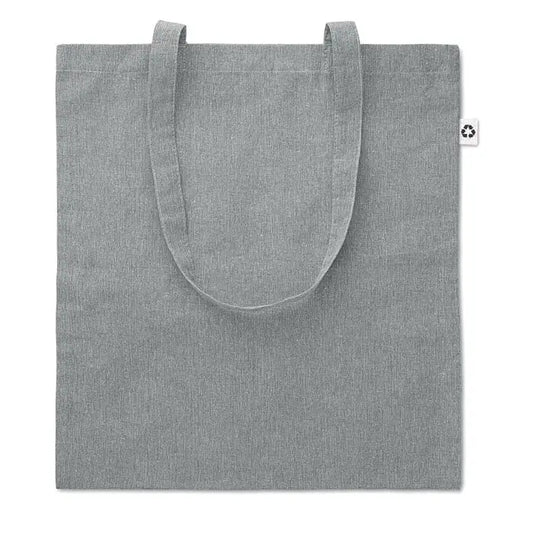 Geanta de cumparaturi 2 tonuri 140 gr un sac de mana din in gri cu manere rezistente si eticheta alba de reciclare