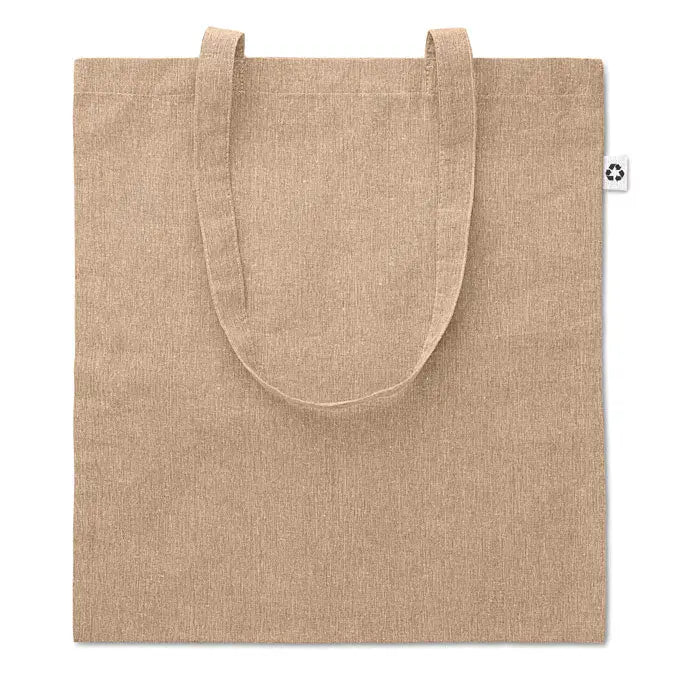 Geanta de cumparaturi doua tonuri 140 gr din in bej cu manere rezistente si eticheta alba cu simbol reciclare
