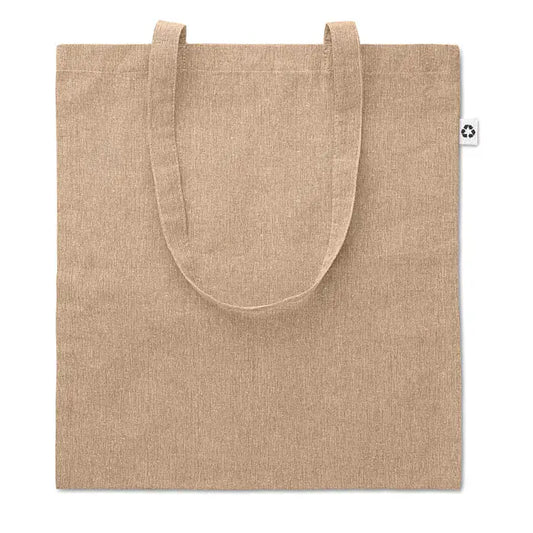 Geanta de cumparaturi doua tonuri 140 gr din in bej cu manere rezistente si eticheta alba cu simbol reciclare
