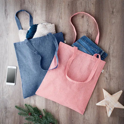 Geanta de cumparaturi 2 tonuri 140 gr cu doua tote bags din denim bleu si roz cu manere rezistente si design minimalist