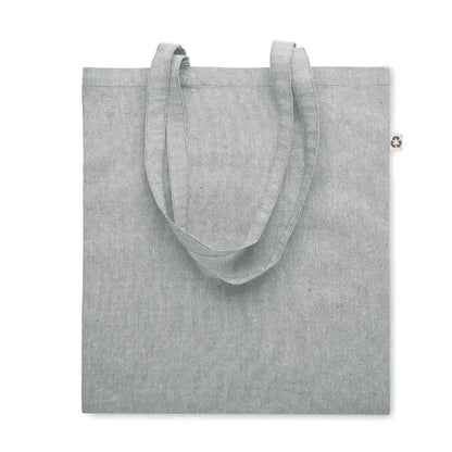 Geanta de cumparaturi gri din panza heather cu manere lungi si eticheta mica cu simbol reciclat