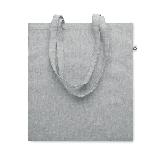 Geanta de cumparaturi gri din panza heather cu manere lungi si eticheta mica cu simbol reciclat