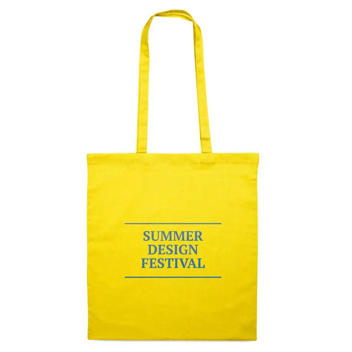 Geanta de cumparaturi din bumbac galben deschis cu design festival de vara imprimat in litere turcoaz