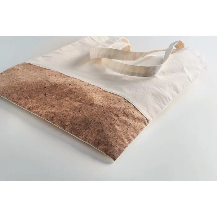 Geanta de cumparaturi din bumbac bej de 140 gr/m² cu panou natural de pluta si manere din material textil