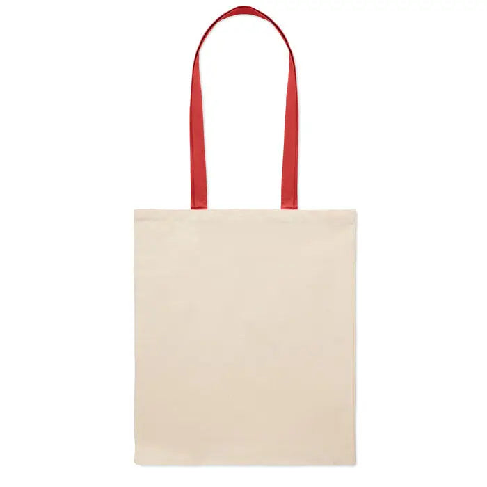 Geanta de cumparaturi din bumbac beige cu manere rosii din canvas 140 gr/m² pentru uz cotidian