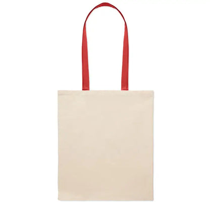 Geanta de cumparaturi din bumbac beige cu manere rosii din canvas 140 gr/m² pentru uz cotidian