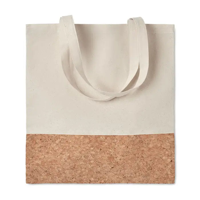 Geanta de cumparaturi din bumbac beige cu baza din pluta si manere din material asortat