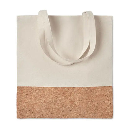 Geanta de cumparaturi din bumbac beige cu baza din pluta si manere din material asortat