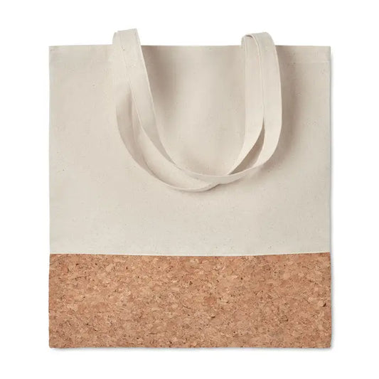 Geanta de cumparaturi din bumbac beige cu baza din pluta si manere din material asortat