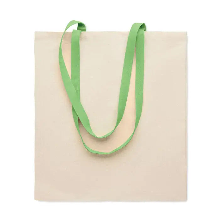 Geanta de cumparaturi din bumbac 140 gr/m² bej cu manere din material verde aprins din panza