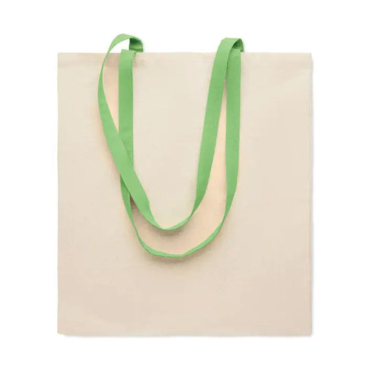 Geanta de cumparaturi din bumbac 140 gr/m² bej cu manere din material verde aprins din panza
