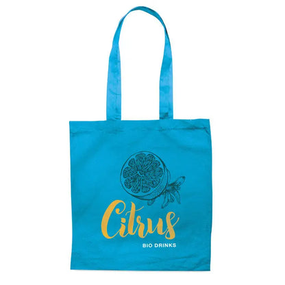 Geanta de cumpărături din bumbac albastru deschis 140 gr m² cu ilustrație fruct citrus și texte aurii bio drinks
