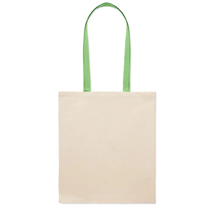Geanta de cumparaturi din bumbac 140 gr/m² bej cu manere verzi din panza canvas