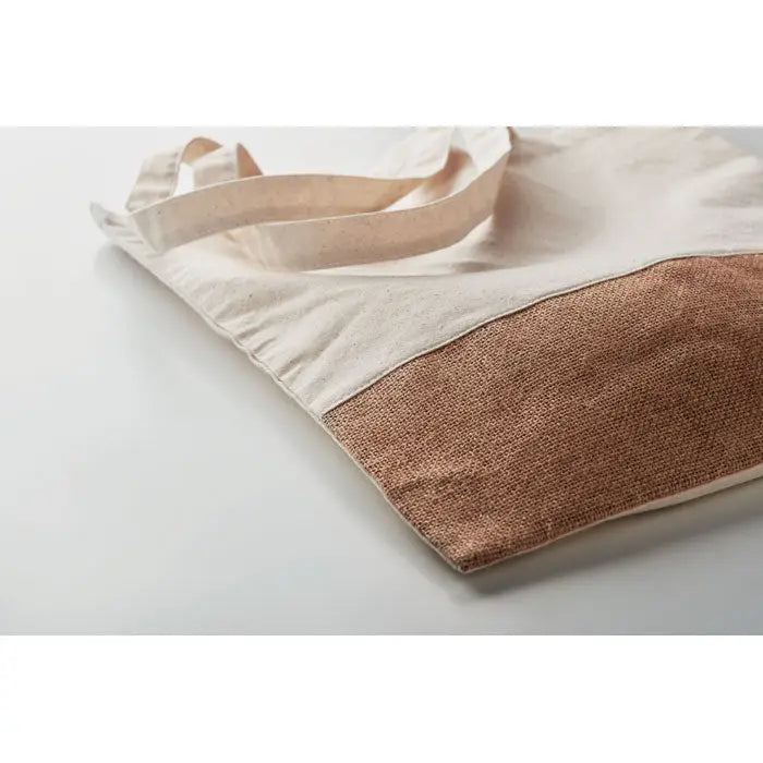 Geanta de cumparaturi din bumbac 160 gr m² bej cu panou maro din iuta si manere din material textil asortate