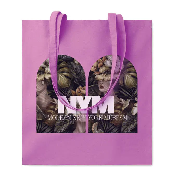 Geanta de cumparaturi din bumbac mov de 180 gr/m² cu design arcuit floral si portret si branding nym