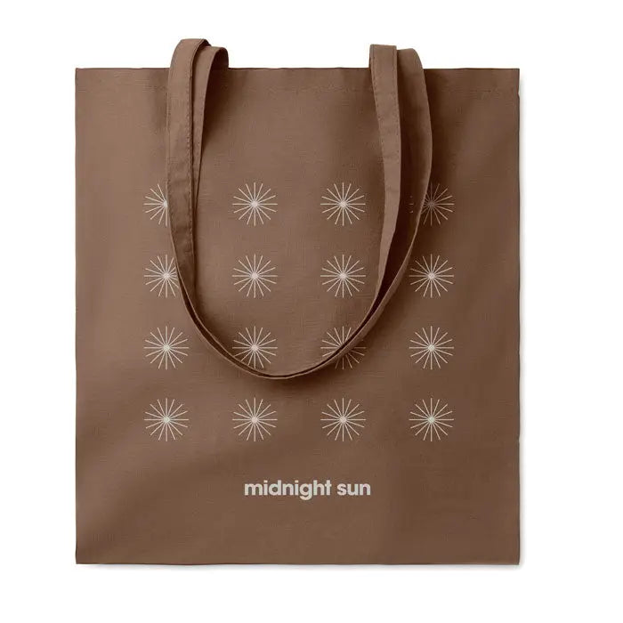Geanta de cumparaturi din bumbac maro de 180 gr per metru patrat cu model alb stelat si text midnight sun