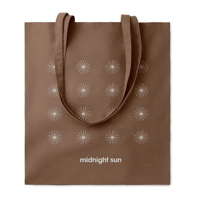 Geanta de cumparaturi din bumbac maro de 180 gr per metru patrat cu model alb stelat si text midnight sun