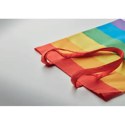 Geanta de cumparaturi din bumbac 200 gr m² cu dungi curcubeu si manere rosii din material textil