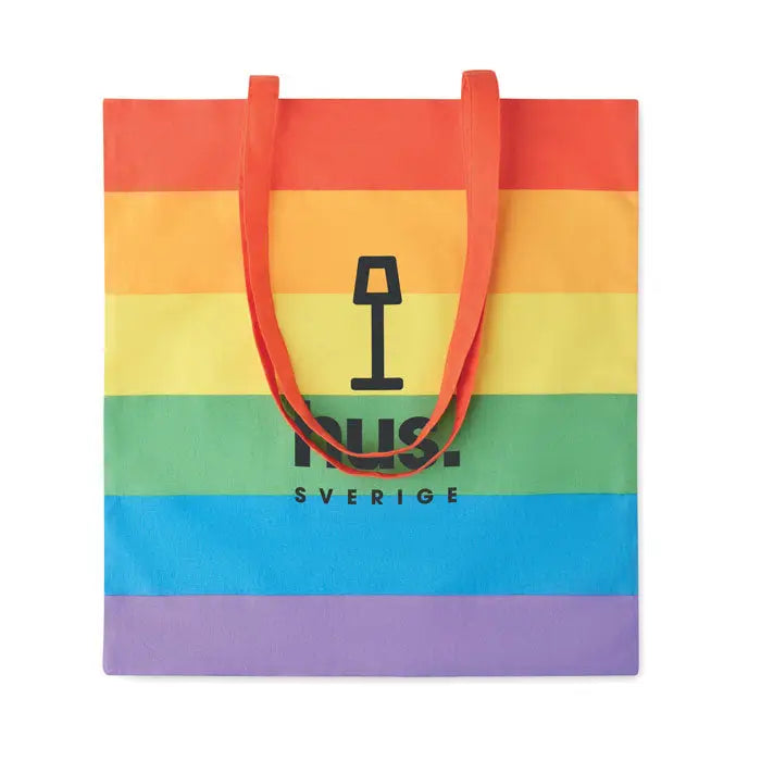 Geanta de cumparaturi din bumbac 200 gr/m² cu dungi curcubeu, manere portocalii si logo negru i ♥ sverige