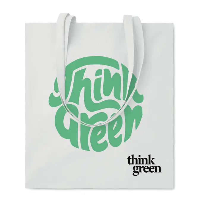 Geanta de cumparaturi din bumbac organic eu alba cu logo verde think green si manere asortate