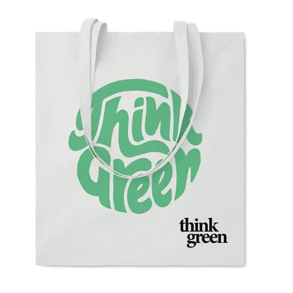 Geanta de cumparaturi din bumbac organic eu alba cu logo verde think green si manere asortate
