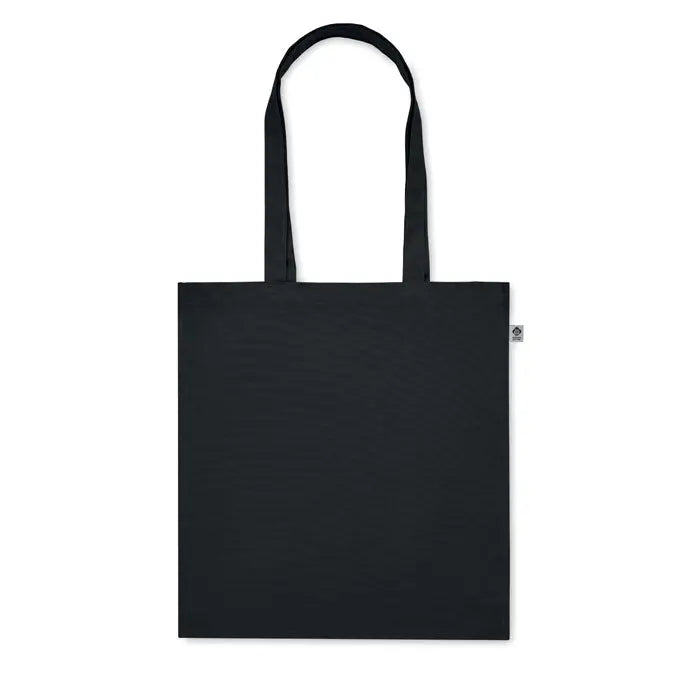 Geanta de cumparaturi din bumbac organic neagra cu manere asortate si eticheta mica in colt