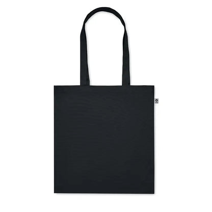 Geanta de cumparaturi din bumbac organic neagra cu manere asortate si eticheta mica in colt