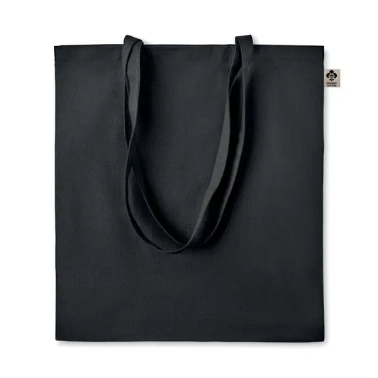 Geanta de cumparaturi din bumbac organic neagra cu manere rezistente si eticheta mica din bumbac organic