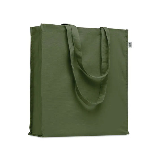 Geanta de cumparaturi din bumbac organic verde masliniu cu manere rezistente si eticheta mica de brand