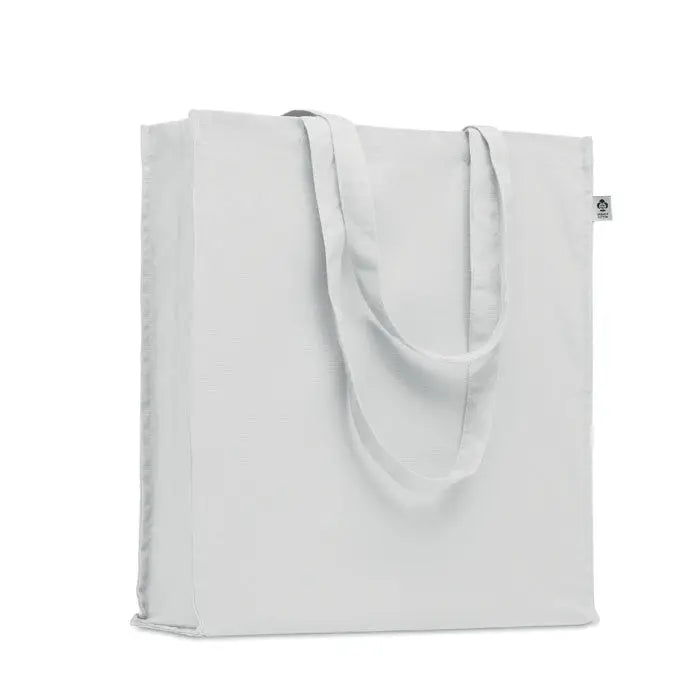Geanta de cumparaturi din bumbac organic alba cu manere rezistente si design minimalist