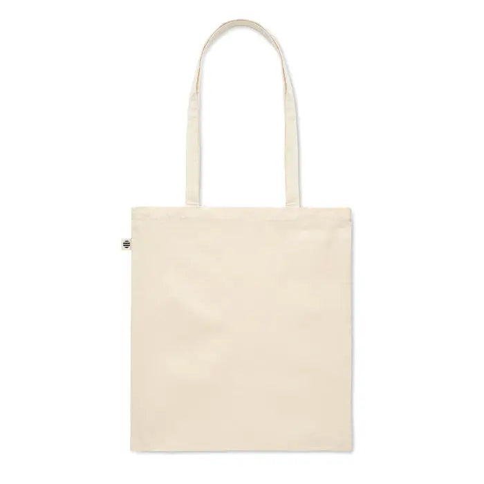 Beige geanta de cumparaturi din bumbac organic cu manere asortate si eticheta logo mica pe lateral
