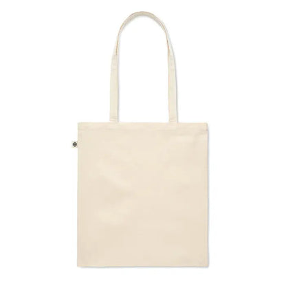 Beige geanta de cumparaturi din bumbac organic cu manere asortate si eticheta logo mica pe lateral