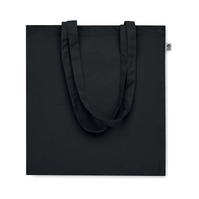Geanta de cumparaturi din bumbac organic neagra cu manere asortate si eticheta mica de brand in colt