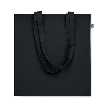 Geanta de cumparaturi din bumbac organic neagra cu manere asortate si eticheta mica de brand in colt