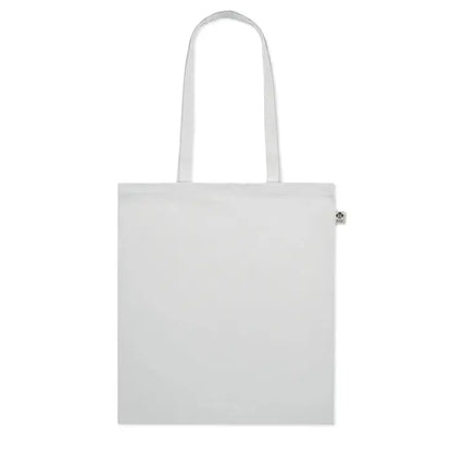 Geanta de cumparaturi din bumbac organic alb cu doua manere asortate si eticheta mica pe lateral