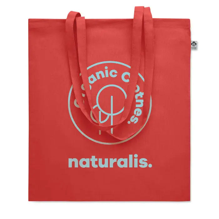 Geanta de cumparaturi din bumbac organic rosie cu logo alb si brandingul naturalis