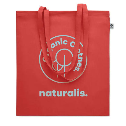 Geanta de cumparaturi din bumbac organic rosie cu logo alb si brandingul naturalis