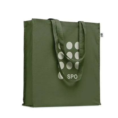 Geanta de cumparaturi din bumbac organic olive verde cu buline albe si branding spo pe panza