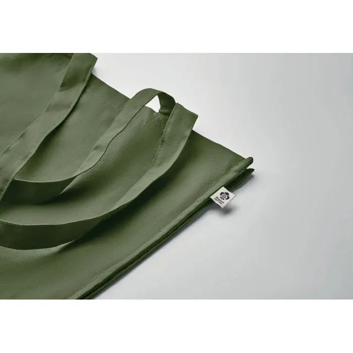 Geanta de cumparaturi din bumbac organic olive green cu manere rezistente si eticheta mica alba