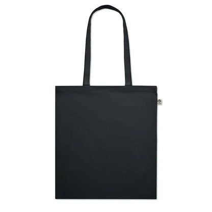 Geanta de cumparaturi din bumbac organic neagra cu doua manere rezistente si eticheta metalica mica pe lateral