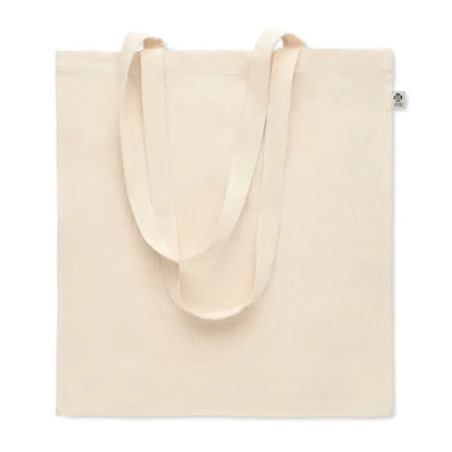 Geanta de cumparaturi din bumbac organic beige cu manere asortate si eticheta mica in colt